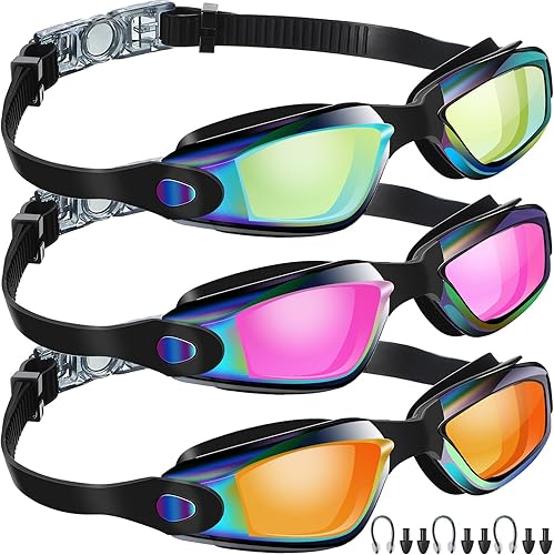 Miniatura 7 de Flutesan Paquete de 3 gafas de natación antivaho, gafas de natación de silicona ajustables con clip para la nariz y tapones para los oídos, para