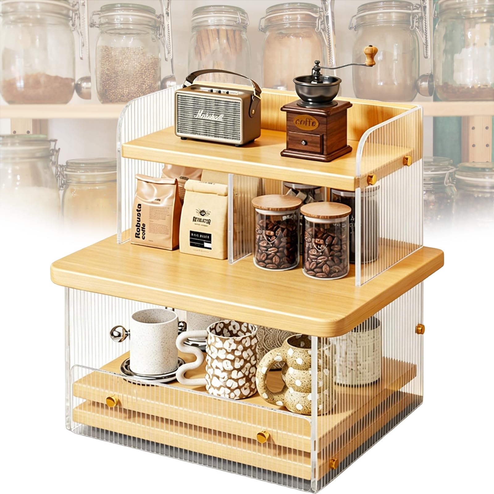 Weyot Coffee Mug Display Rack, Coffee Station Bar Organizer for Countertop, Acrylic Coffee Cup Display Shelf, Makeup Organizer for Vanity Yellow,32x26x35cm