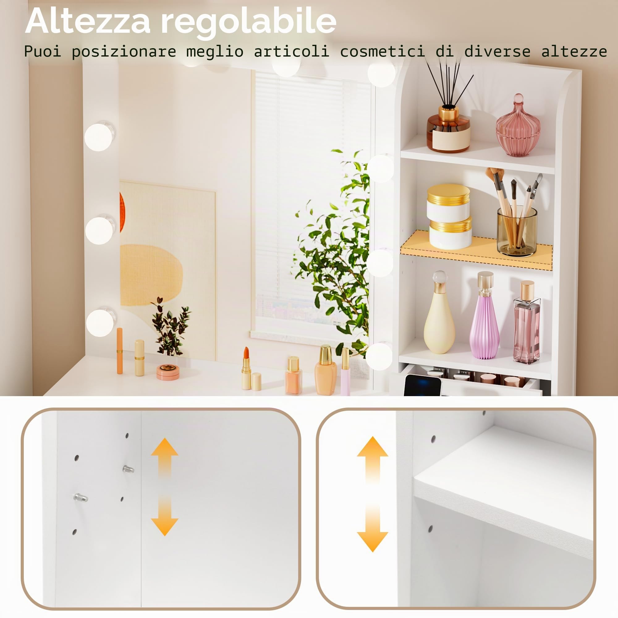 BEWISHOME Toeletta Trucco con Specchio e luci LED,luminosità Regolabile,Tavolo da Trucco con Presa,Sgabello,7 Cassetti e 3 Ripiani Aperti,Moderno Bianco Postazione Trucco per Camera da Letto EFST51W