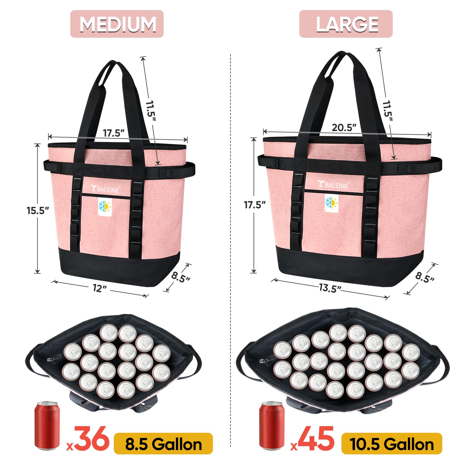 BALEINE Large 36-Can Cooler Bags Insulated, PEVA Soft Cooler Tote Bag, Insulated Grocery Bags with Zippered Top (8.5 Gallon, Pink)