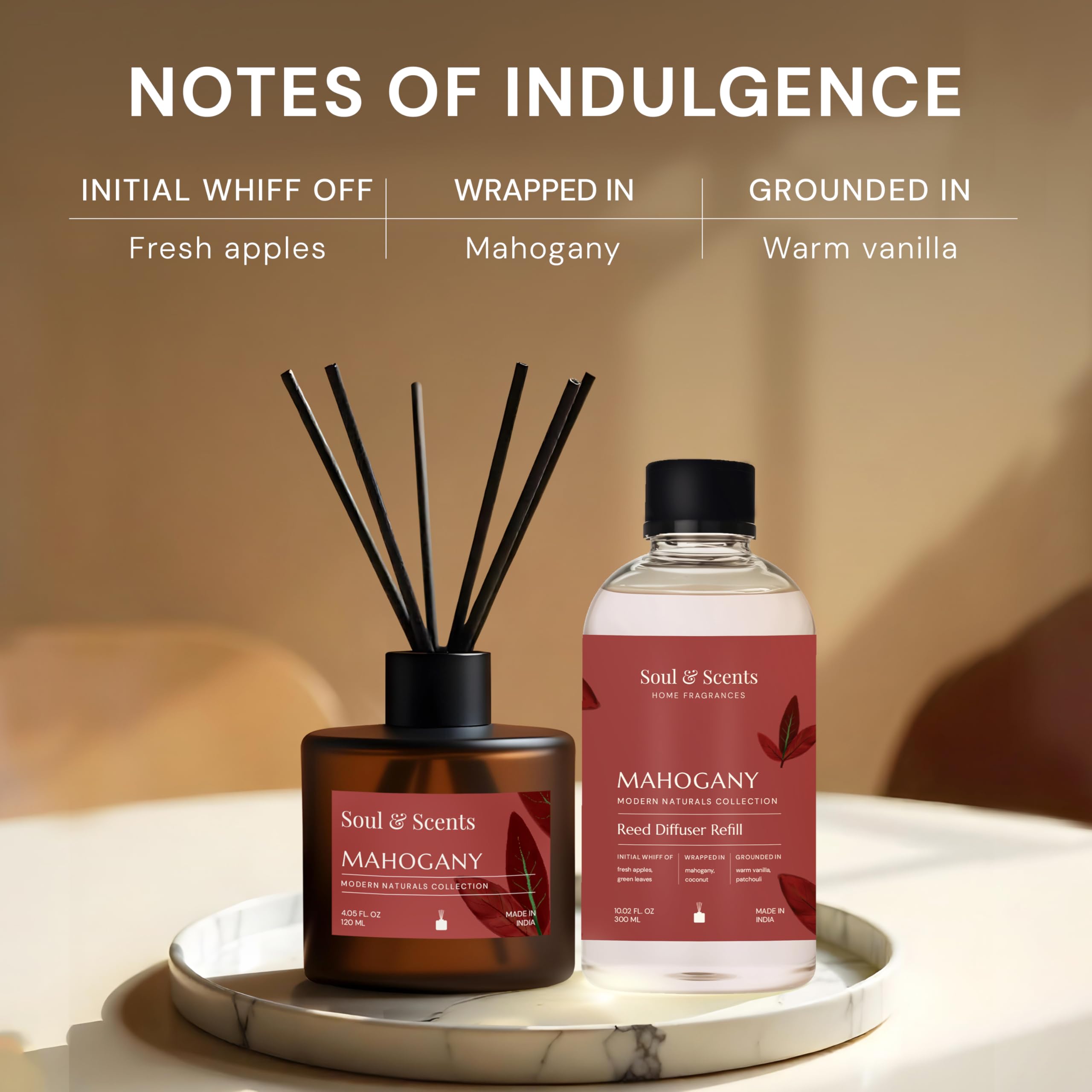 Soul & Scents Reed Diffuser Refill for Mahogany Fragrance | Free 12 Fiber Reed Sticks | Long Lasting | Smoke Less Room Freshener for Home, Bedroom, Living Room & Office | 300ml 1