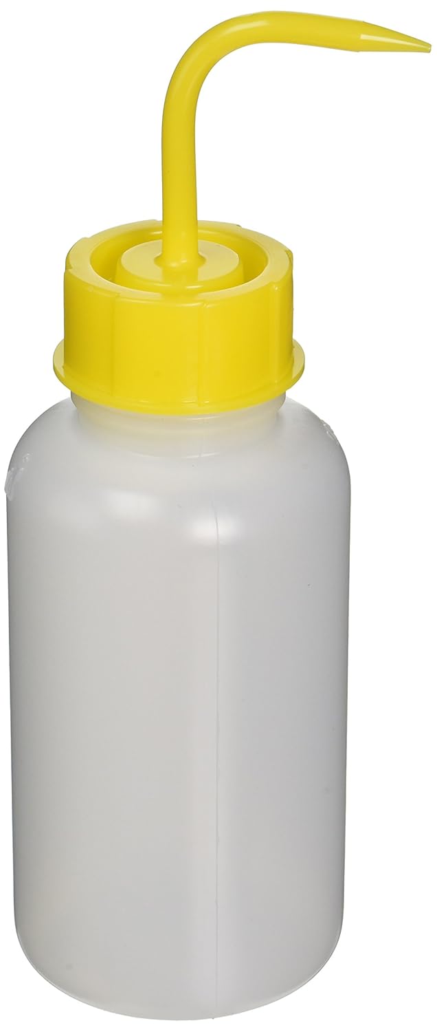 Globe Scientific 601638Y Polyethylene Wash Bottle, Yellow Screw Cap, 500mL Capactiy (Case of 10)