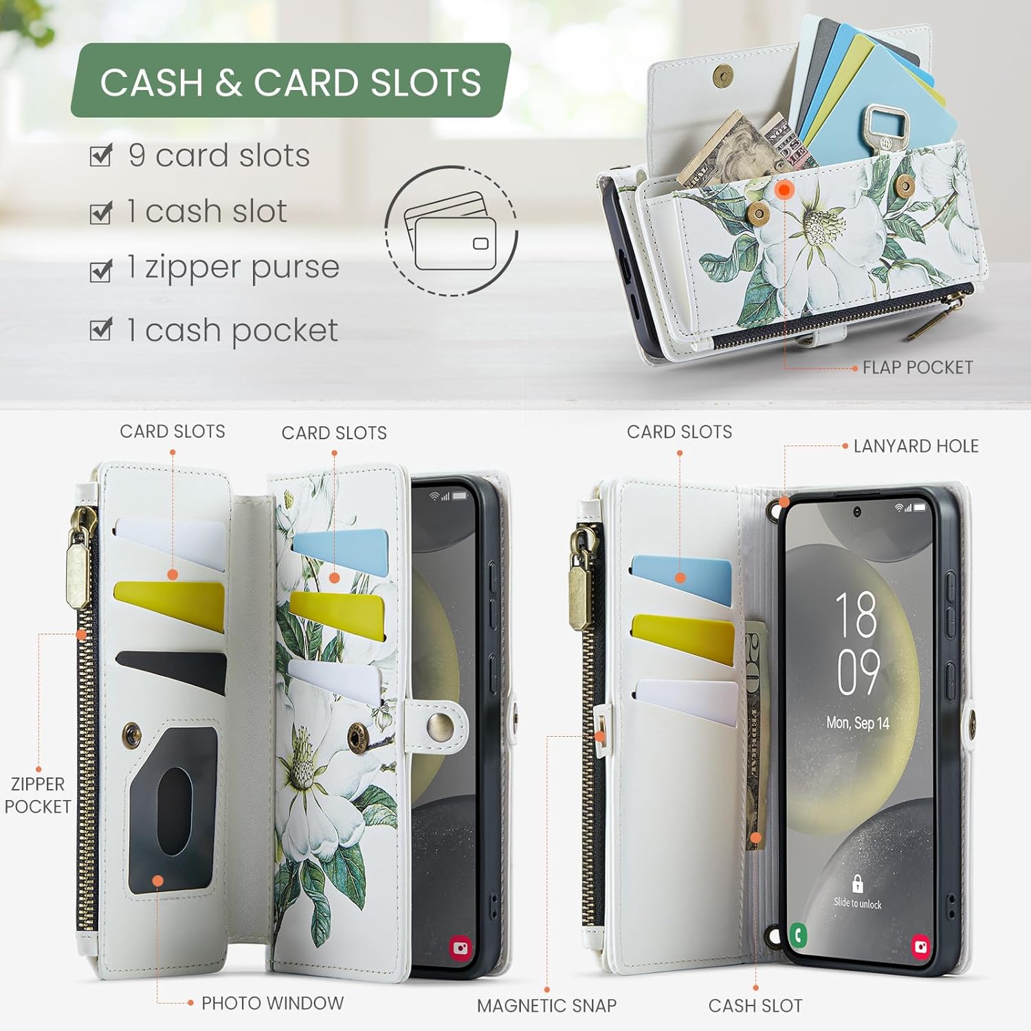 for Samsung Galaxy S25 Plus Case Wallet with RFID Blocking Card Holder Colored Drawing PU Leather Magnetic Snap Flip Zipper Strap Wallet Phone Case Fit for Galaxy S25+,Magnolia
