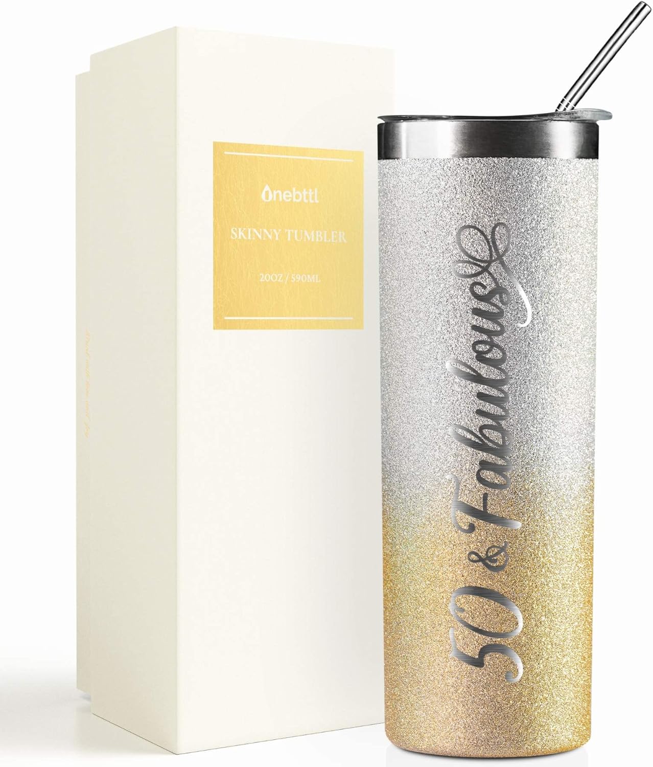 Onebttl 50th Birthday Gifts for Women, Female, Her - 50 and Fabulous - 20oz/590ml Stainless Steel Insulated Glitter Tumbler with Straw, Lid, Message Card - (Gold-Silver Gradient)