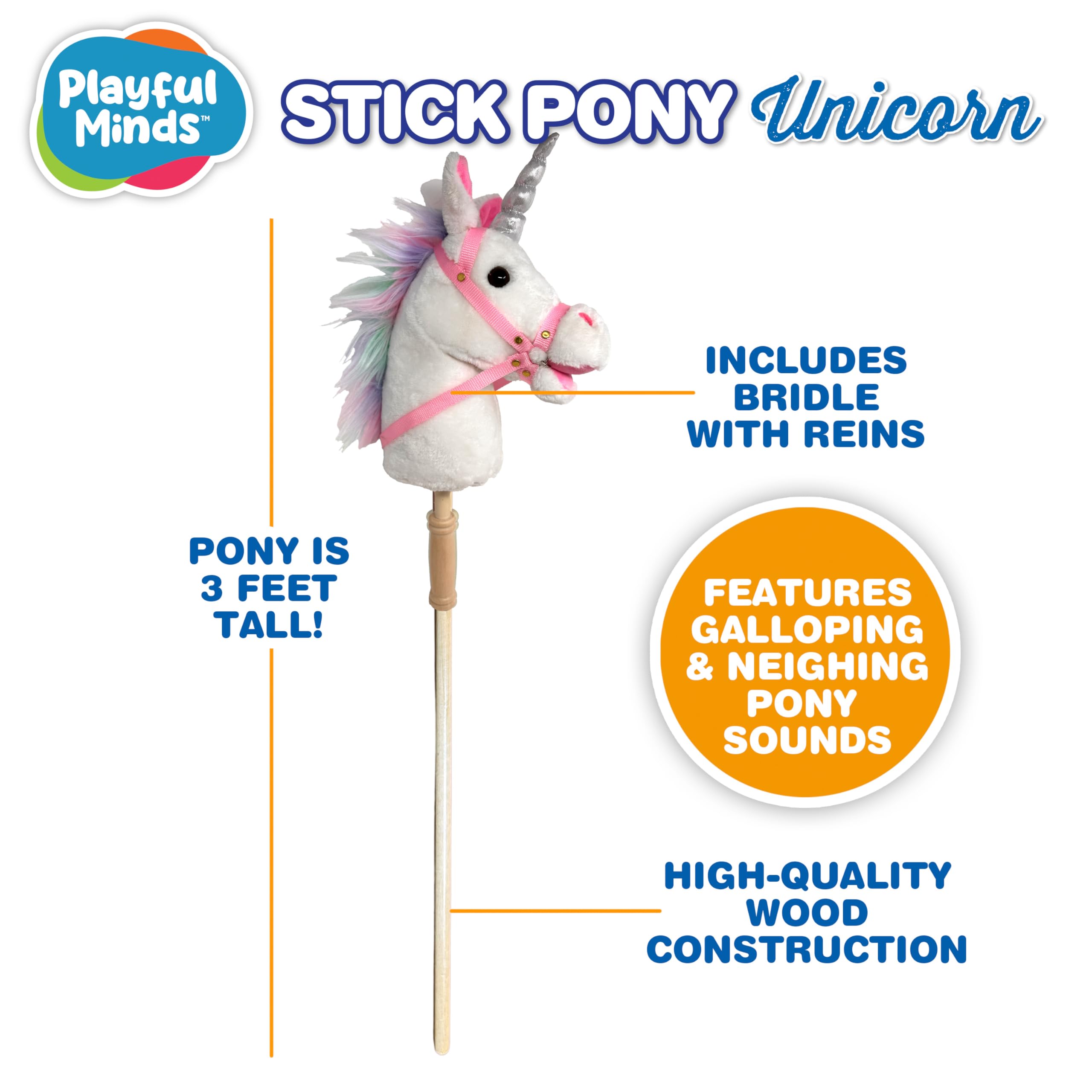 Stick Horse | Palo de caballo de peluche hecho a mano proporciona un divertido juego de simulación para niños pequeños y preescolares | Cosido a mano, madera resistente y efectos de sonido (unicornio) 3