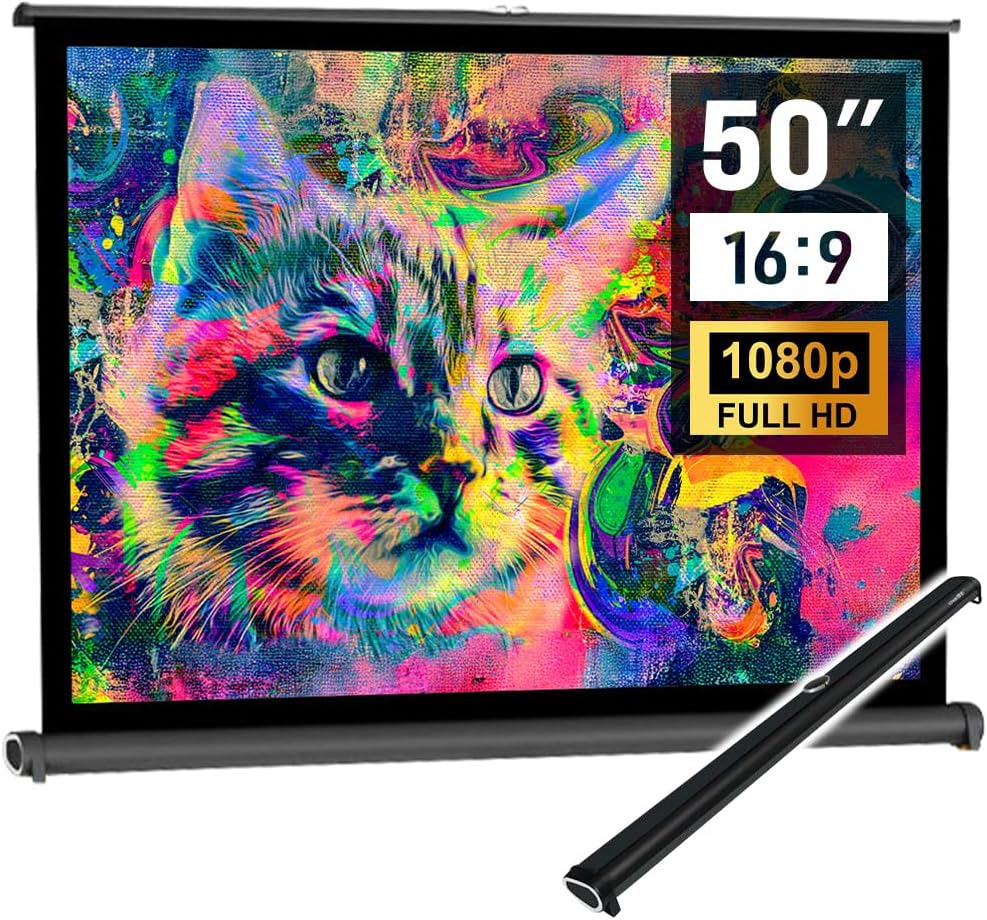 Japard Portable Mobile 50 Inch Projector Screen Pull Down, 16:9 Projector Screen Retractable Tabletop Screen Tripod Stand for Home Theater Meeting Room, School Indoor Outdoor (50 inch)