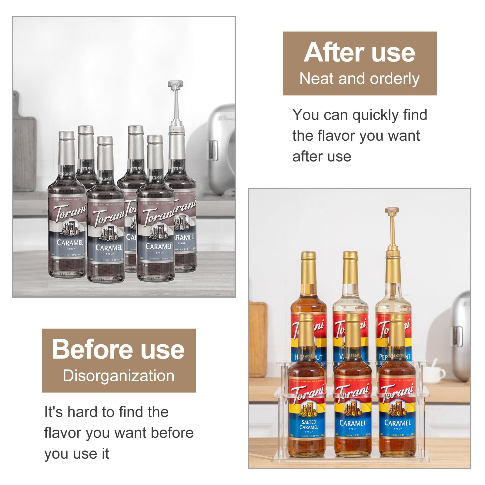 Organizador de jarabe de café acrílico, estante de 2 niveles para jarabe de café (capacidad de 6 botellas), soporte para botellas de jarabe para barra de café, jarabes de encimera de cocina 5