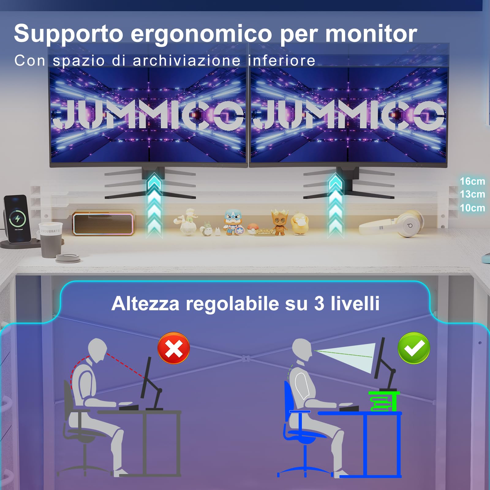 JUMMICO Scrivania da Gaming Angolare a Forma L, 170x90cm con Illuminazione LED, Supporto Monitor Regolabile in Altezza, 3 Cassetti, 2 Prese e 2 Porte USB, Scrivania in Acciaio e Legno, Bianca