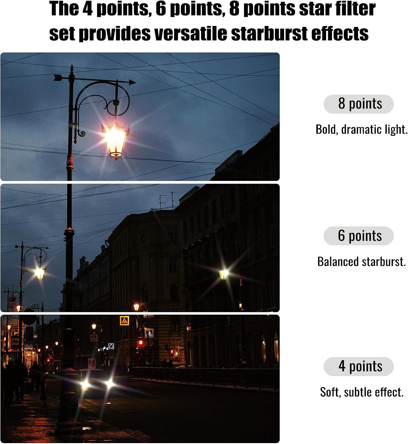 Walking Way 86mmStar Filter Set - 4, 6, 8 Points Long Line Starburst Filters, Starlight Effect with Pouch for Festivals, Nightscapes, and Creative Photography
