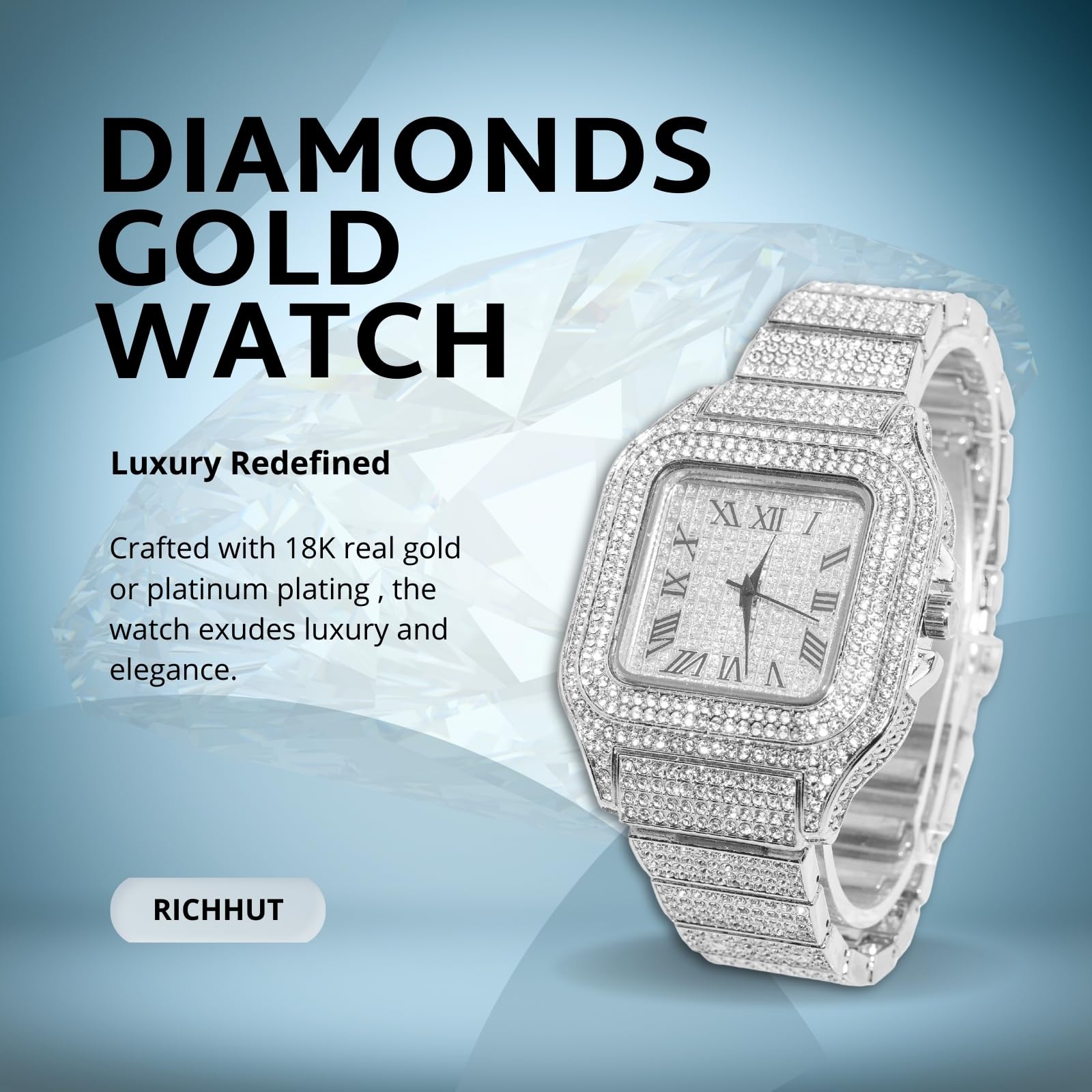 Reloj con Diamantes para Hombre Iced out Correa de 20MM Bañado en Oro Real de 18K/Oro Blanco Platino/Oro Rosa/Rodio Negro, con Cadena Cubana Opcional, Regalo para Novio Esposo