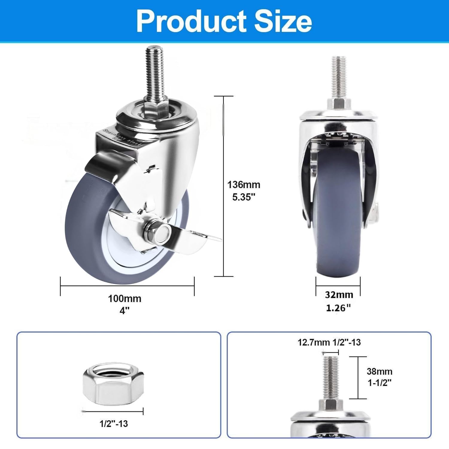 4 inch Stainless Steel Caster Wheels Heavy Duty, 1/2"-13x1-1/2 Threaded Stem Casters with Side Brake, Rust Resistant, Non-Marking TPR Rubber Wheels for Hospital, Lab,Furniture,Restaurant