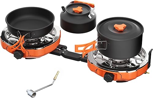 Estufa de propano de 2 quemadores para acampar con utensilios de cocina, estufa de gas propano plegable al aire libre, estufa portátil de campamento