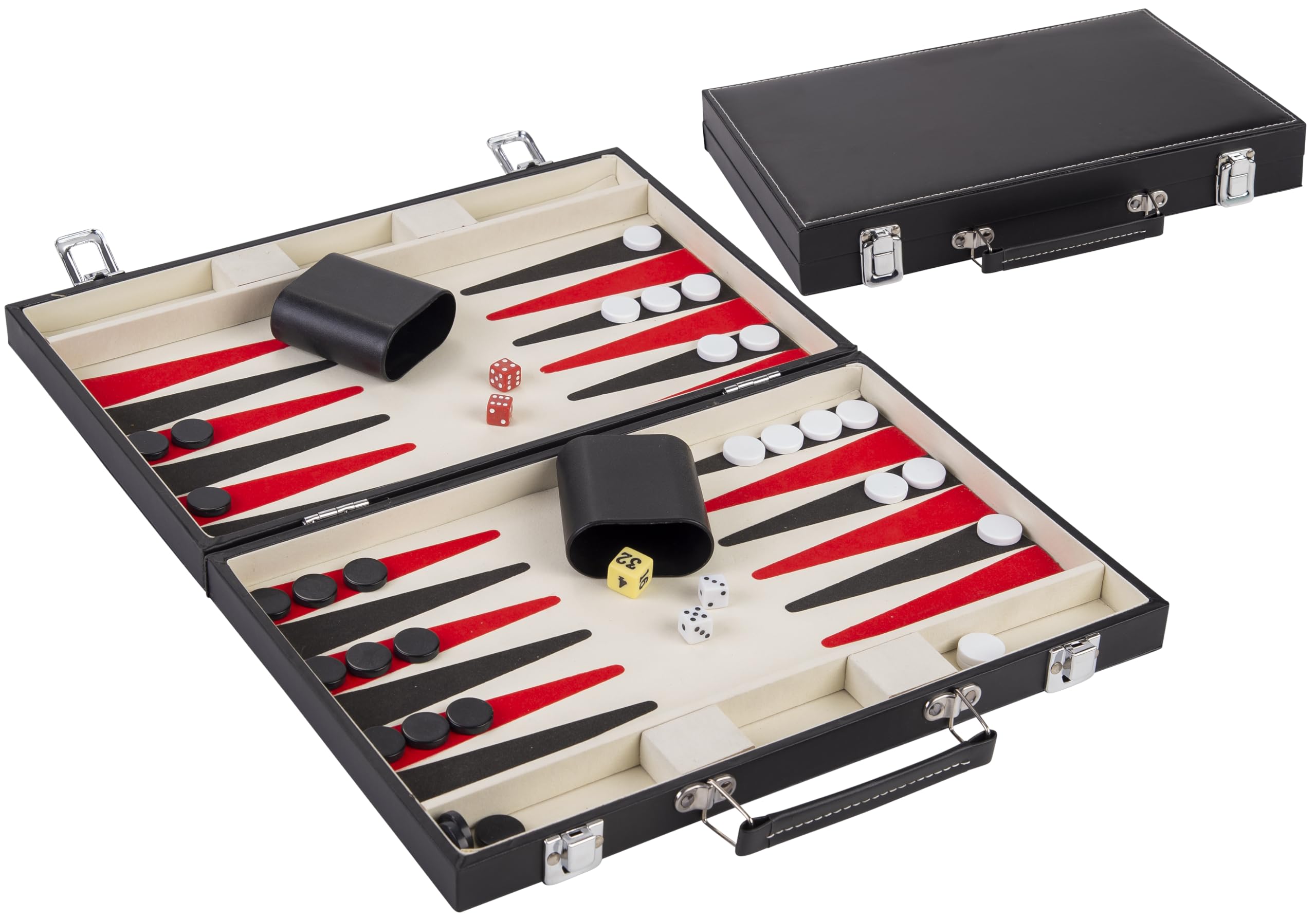 Backgammon Set 36 cm Koffer Kunstleder Rot Schwarz Weiß 250505 | Strategiespiel 2 Spieler mit Filz Spielfeld, 5 Würfeln, 2 Bechern, Spielsteinen und Regeln ab 6 Jahren