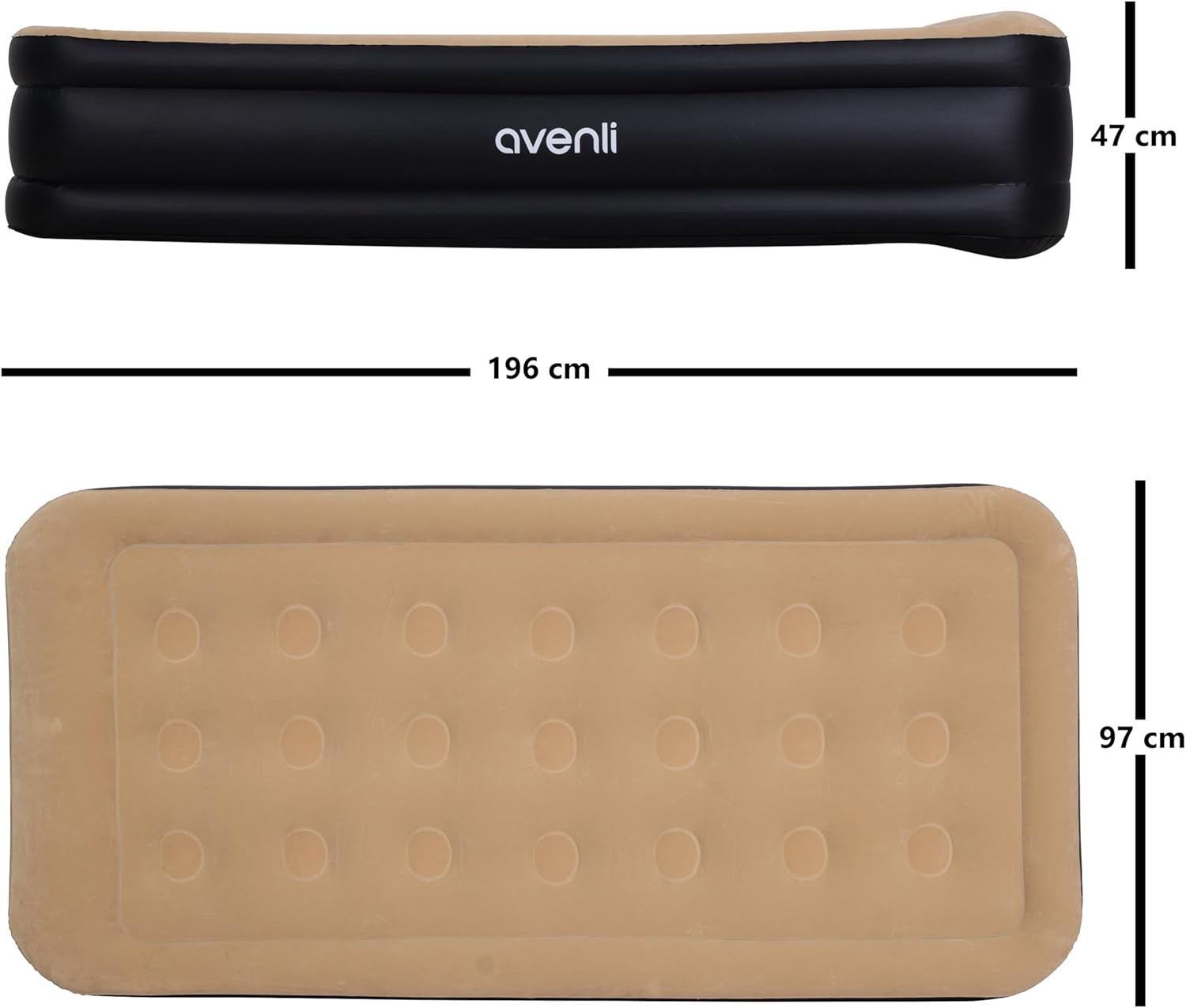 Dimensions of the AVENLI inflatable mattress: 196 cm length, 97 cm width, 47 cm height