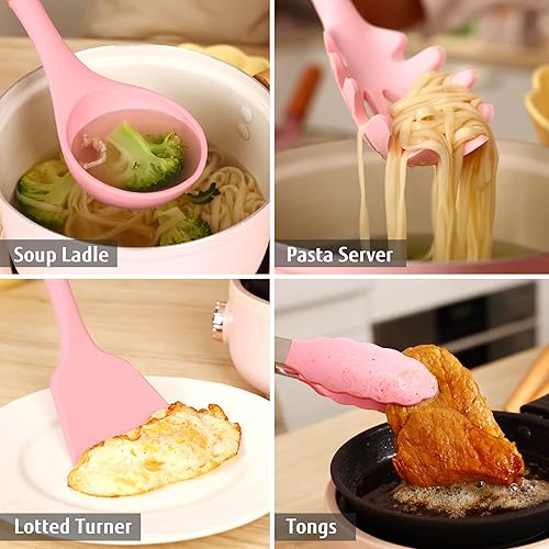 Miniatura 5 de hecef Pink Combo, juego de 5 piezas de bloque de cuchillos de cocina con bloque de madera rosa, 32 piezas de utensilios de cocina de silicona, color