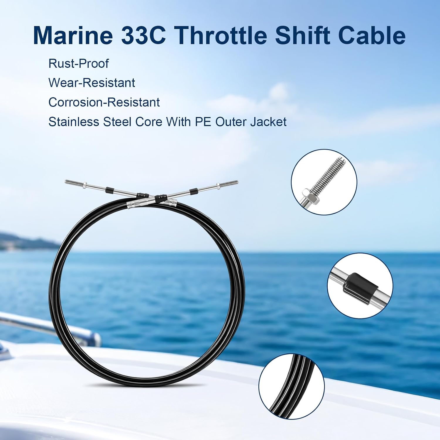 Marine 33C Throttle Shift Remote Control Box Cable for Yamaha Engine 8-20FT | 2PK Flexible Marine Boat Throttle Shift Cable for Yamaha Outboard Inboard Boat Motor Steering System w/#10-32 Threaded Ends