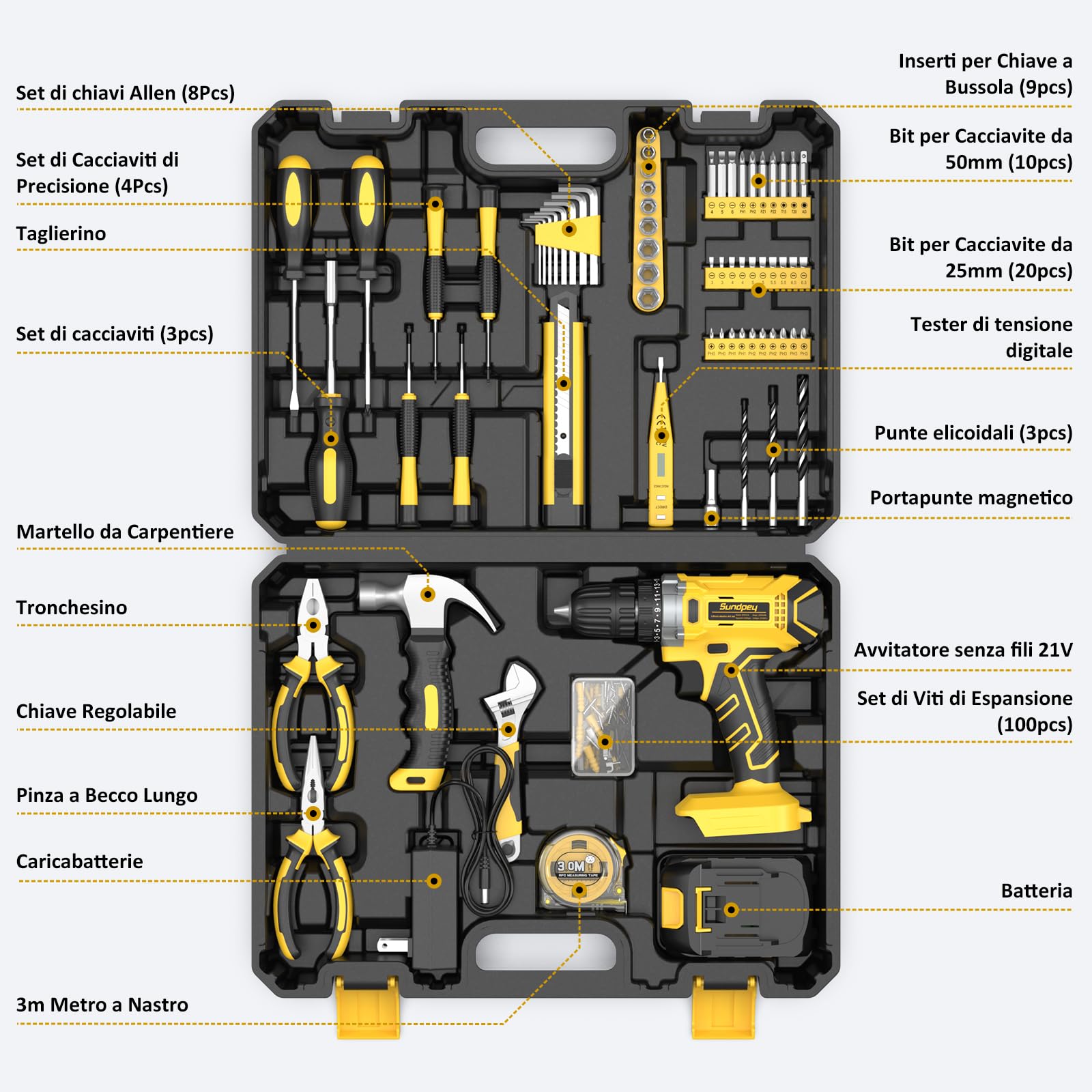 Sundpey Cassetta Attrezzi Completa 170 Pezzi con Trapano Avvitatore a Batteria 21V, Set Attrezzi da Lavoro con Utensili Manuali, Batteria 2.0Ah e Caricabatterie per Fai da te e Lavori di Bricolage