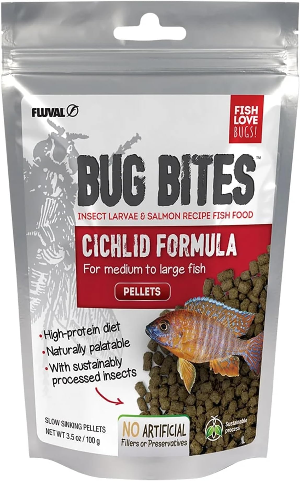 Fluval Bug Bites Cichlid Fish Food, Pellets for Medium to Large Sized Fish, 3.53 oz., A6581