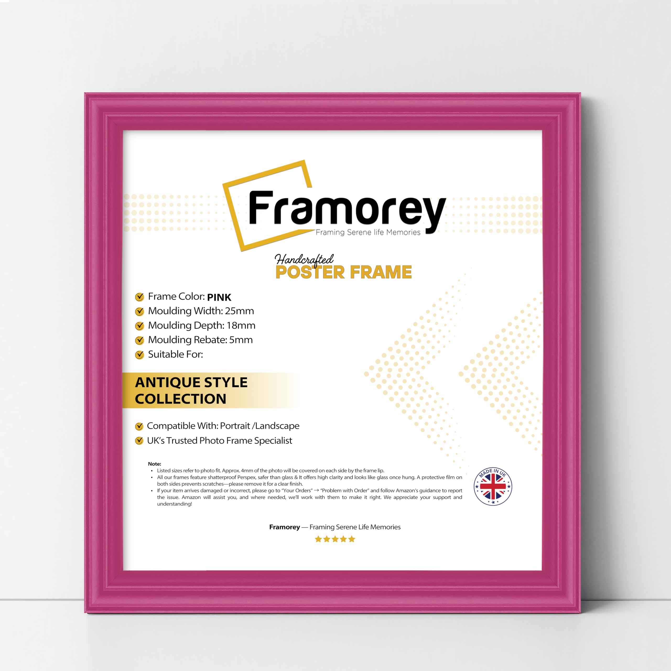 FRAMOREY Square Pink Picture Frame, 11x11 Inch Size Photo Frames, LW Antique Poster Frame, Wall Hanging Oxford Frames, Premium Wooden Effect Frame