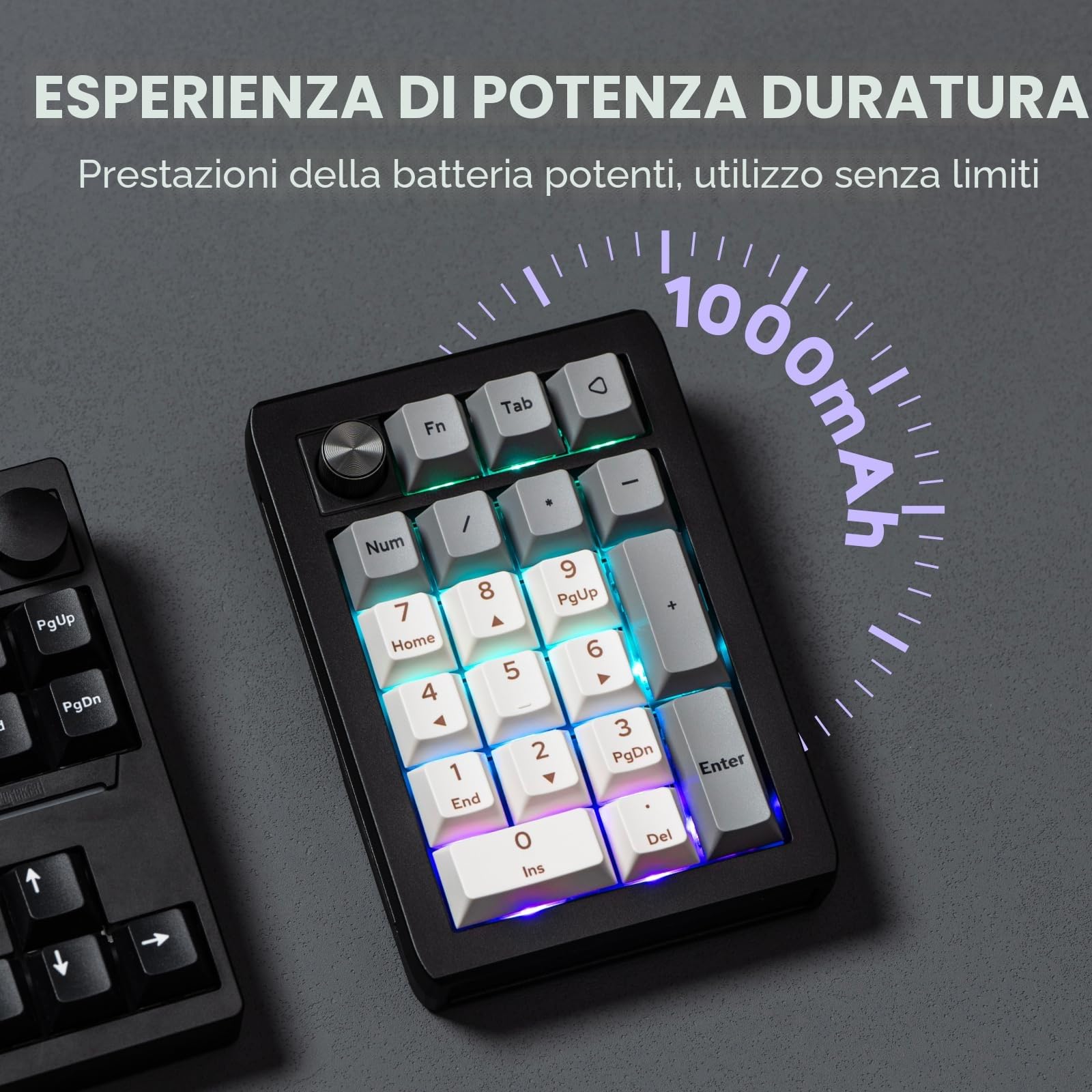 EPOMAKER EK21 VIA Gasket Tastierino Numerico con Batteria da 1000mAh, BT 5.0/2.4ghz/Wired Hot-Swap Numpad with Aluminum Alloy knob, Programmable for Win/Mac/Gaming (Nero, Zebra Linear Switch)
