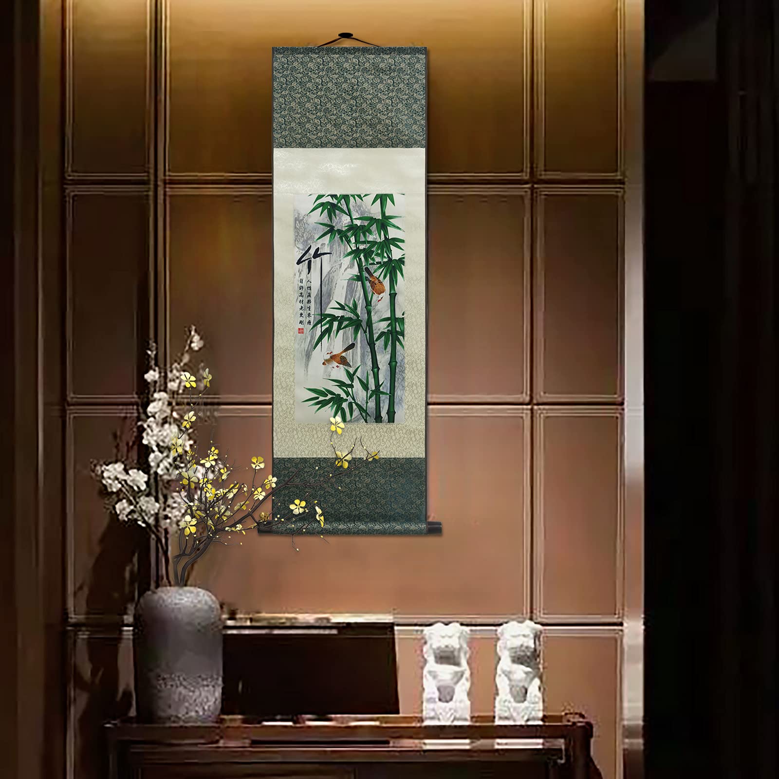 Peinture en Soie Décoration Murale Asiatique Défilement ​Peinture 4 Fleurs D'hommes Justes - Prune Orchidée Bambou Chrysanthème - Bambou Art Chinois à Suspendre Décoration Orientale (94 x 30cm)