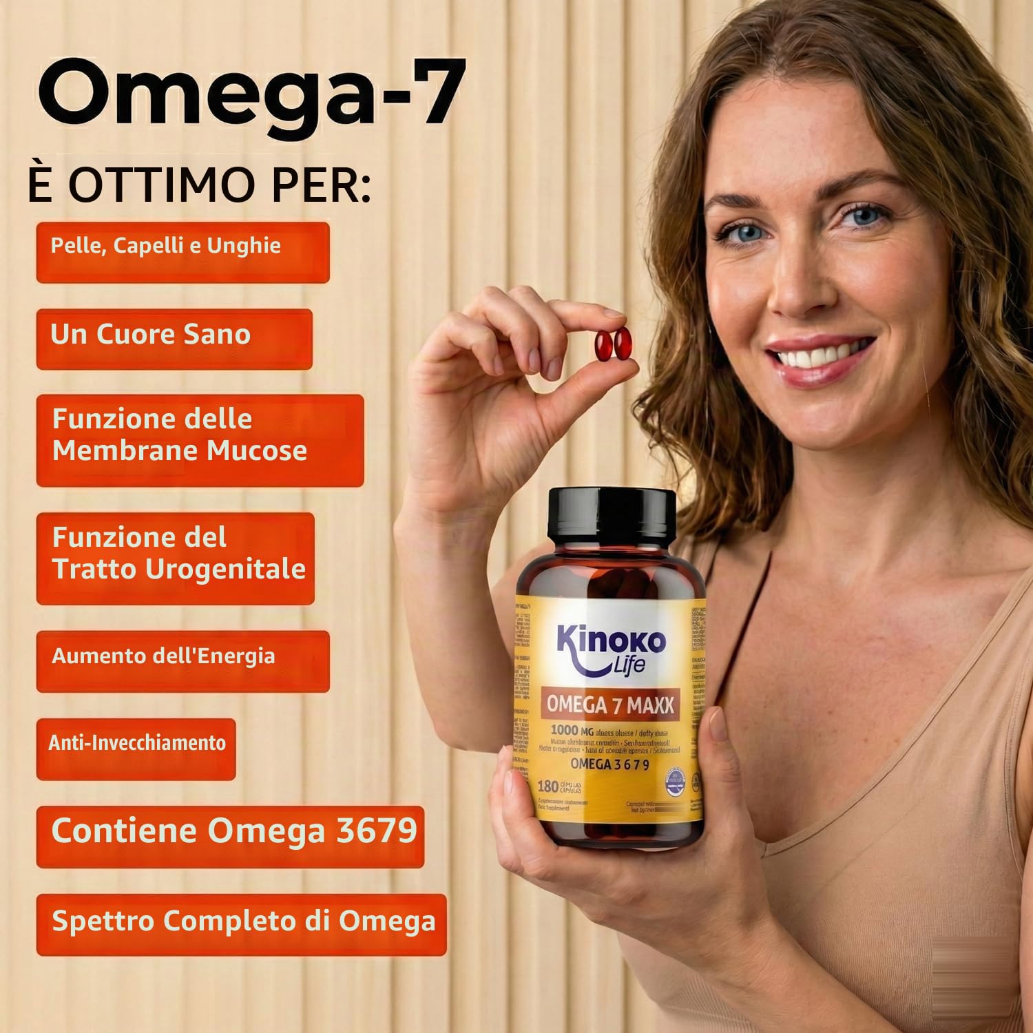OMEGA 7 MAXX 180 Capsule (Scorta 3 Mesi) Olio di Olivello Spinoso 1000 mg Dose Giornaliera (500 mg per Capsula) Omega 3 6 7 9 + Vitamina E Benessere di Pelle, Mucose e Comfort Oculare Naturale e Senza