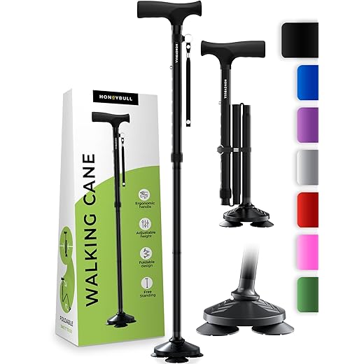 HONEYBULL Walking Cane for Men & Women - Foldable, Adjustable, Collapsible, Free Standing Cane, Pivot Tip, Heavy Duty, with Travel Bag | Walking Sticks for Seniors & Adults [Black]