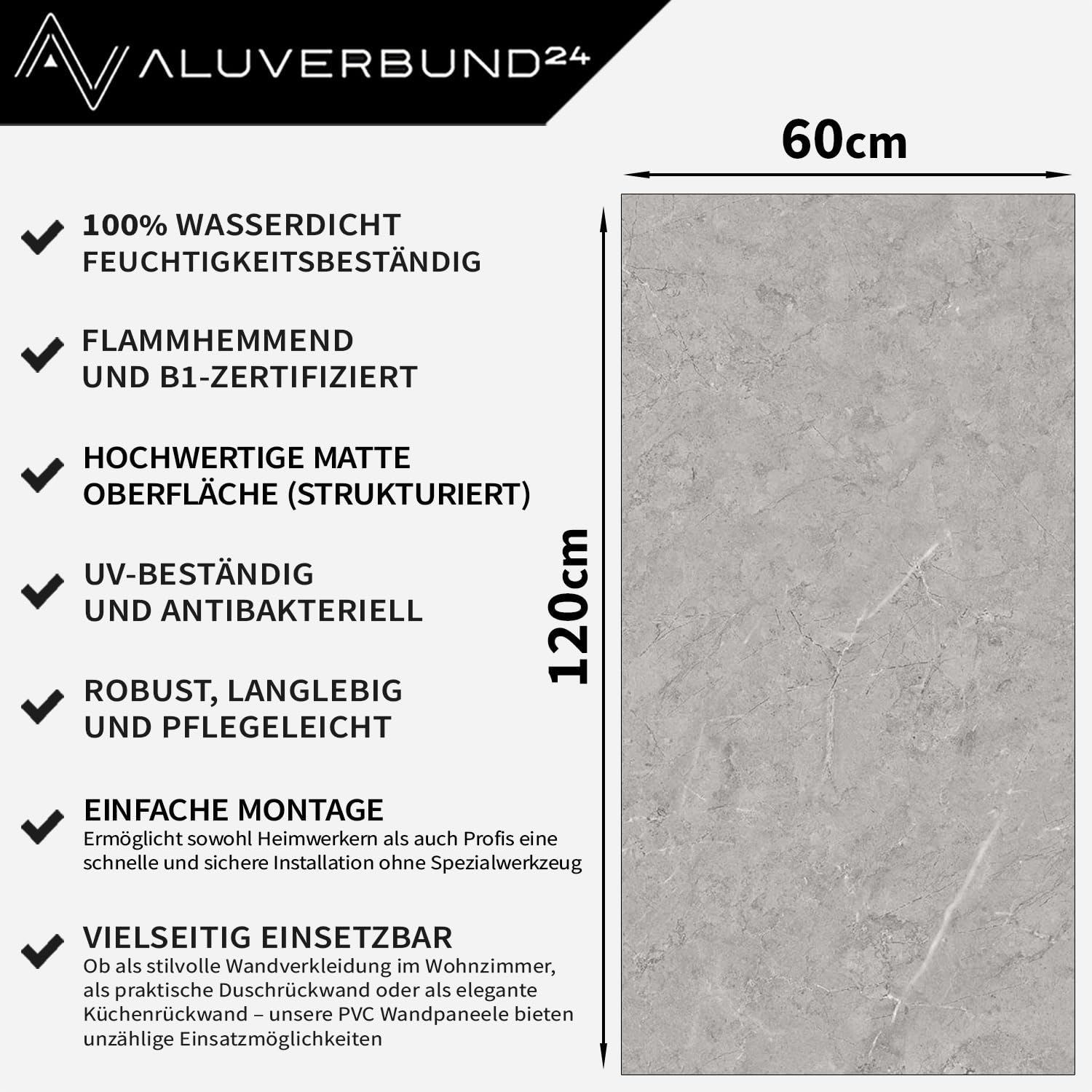 AMON Wand-Paneele 60x120cm in Natur-Steinoptik (Classic Grey) - ideal als Spritzschutz Küchenrückwand Dusch- Bad- Wand-Verkleidung aus 3mm PVC Wasserdicht Wasserfest für Innen- und Außenbereich