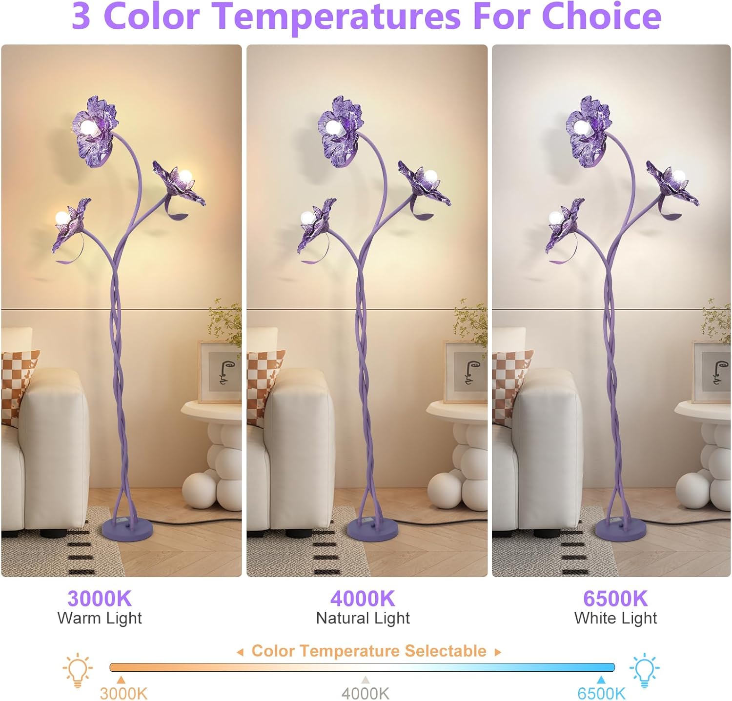 Vintage Flower Floor Lamp for Girls' Bedroom, Cute 3 Heads Floor Reading Light with Flexible Gooseneck, 3 Colors Crabapple Flower Modern Corner Standing Lamp for Living Room Office Home Decor (Purple)