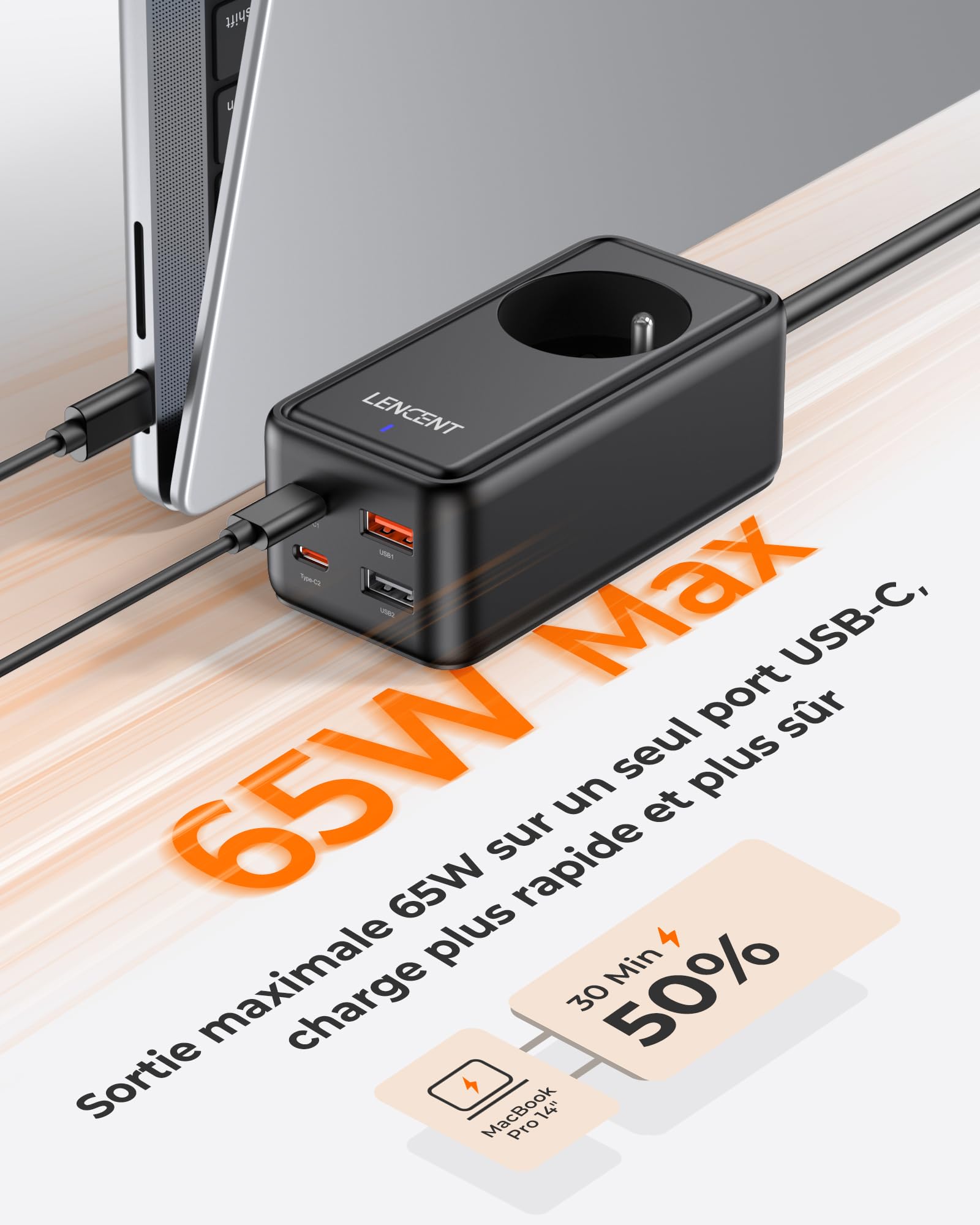 LENCENT 65W Chargeur USB C Rapide, 2 Ports Prise USB C & 2 USB A GaN Tech