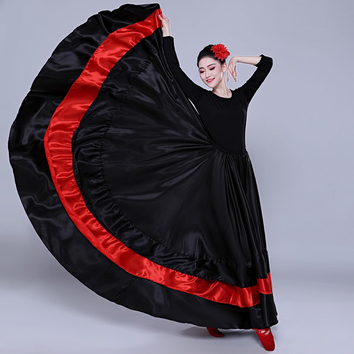 Womens Satin Full Circle Long Ruffle Flowy Belly Dance Skirt Costume for Spanish Bull Folkloric Mexican Flamenco Dancing