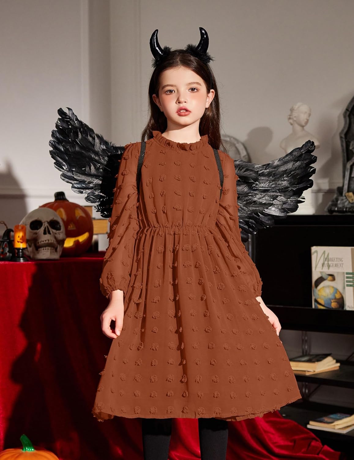 Arshiner Girls Dress Long Sleeve Swiss Dot Ruffle Collar Flowy A-Line Party Dress for Kids 5-13Y - Image 7