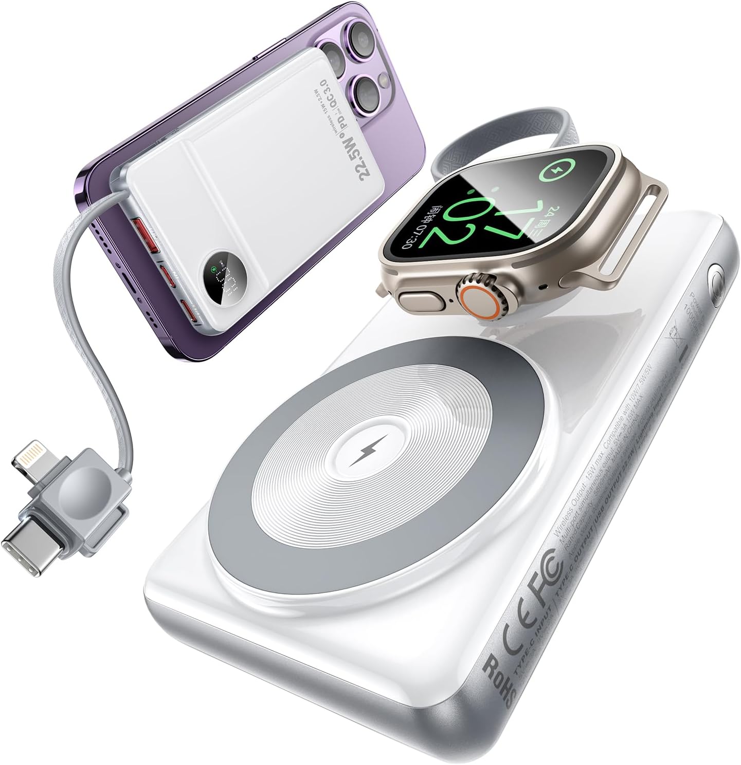 LISEN Magsafe Power Bank for iPhone [22.5W Built-in Cable] Magnetic Phone Charger 10000mAh Portable Wireless Power Bank Fast Charging for Apple Magsafe Battery Pack Fits iPhone/Watch/iPad All Phones