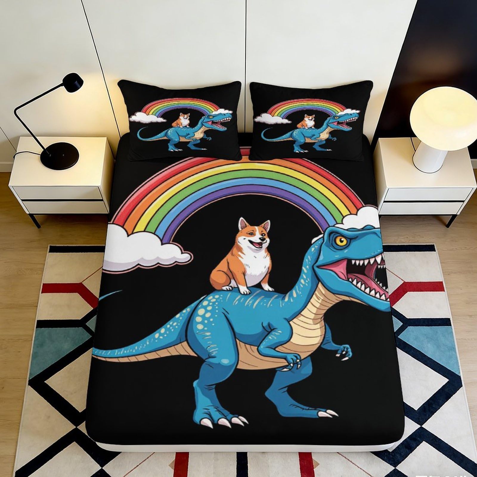 Pnayamiorkfel Style-3 3D Printed Rainbow Dinosaur Fitted Sheet Microfiber Corgi Bed Cover Black Colorful Bedding For Bedroom Dorm Mattress Protection 90X200x25cm