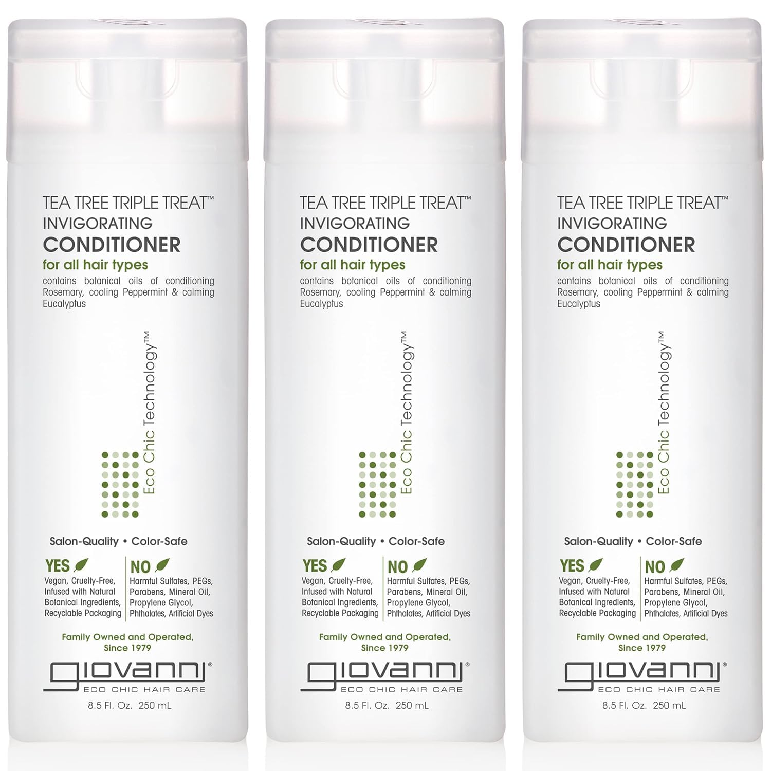 GIOVANNI Tea Tree Triple Treat Invigorating Conditioner - Cooling Peppermint, Eucalyptus, Rosemary, Helps Dry Flaking Scalp, Paraben Free, Helps to Moisturize, Smooth & Detangle- 8.5 oz (3 Pack)