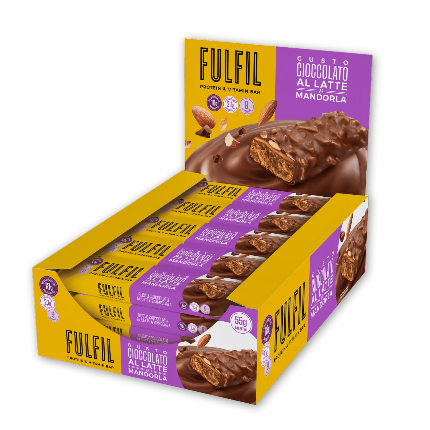 FULFIL - 15 Barrette Proteiche da 55 Grammi, Gusto Cioccolato al Latte e Mandorla con 9 Vitamine e Pochi Zuccheri, Confezione da 825 Grammi
