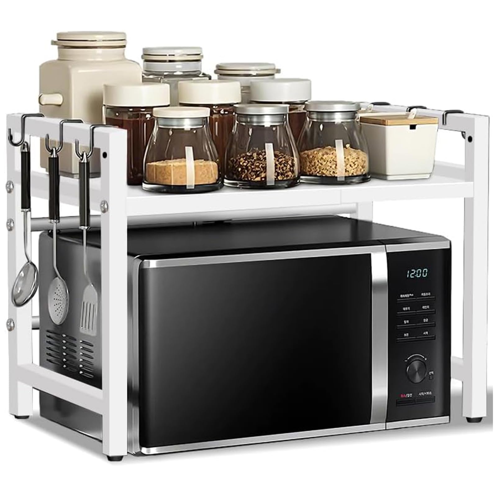 FANFX Microwave Shelf,2 Tier Adjustable Over Microwave Shelf Unit,Microwave Stand with Cutting Board Rack & 6 Hooks,Carbon Steel Kitchen Shelf Organizer for Countertop,Pots,Pans&Cutting Boards(White)