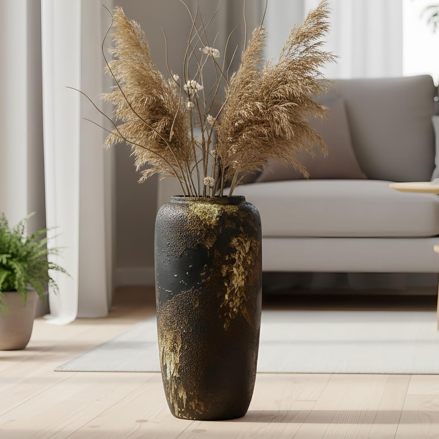 Black Rustic Ceramic Tall Floor Vase, 15.7 Inch Vintage Large Farmhouse Vase Pottery Clay Terracotta Rustic Vases for Home Decor Living Room Entryway Table Centerpieces,Kitchen,Housewarming Gifts