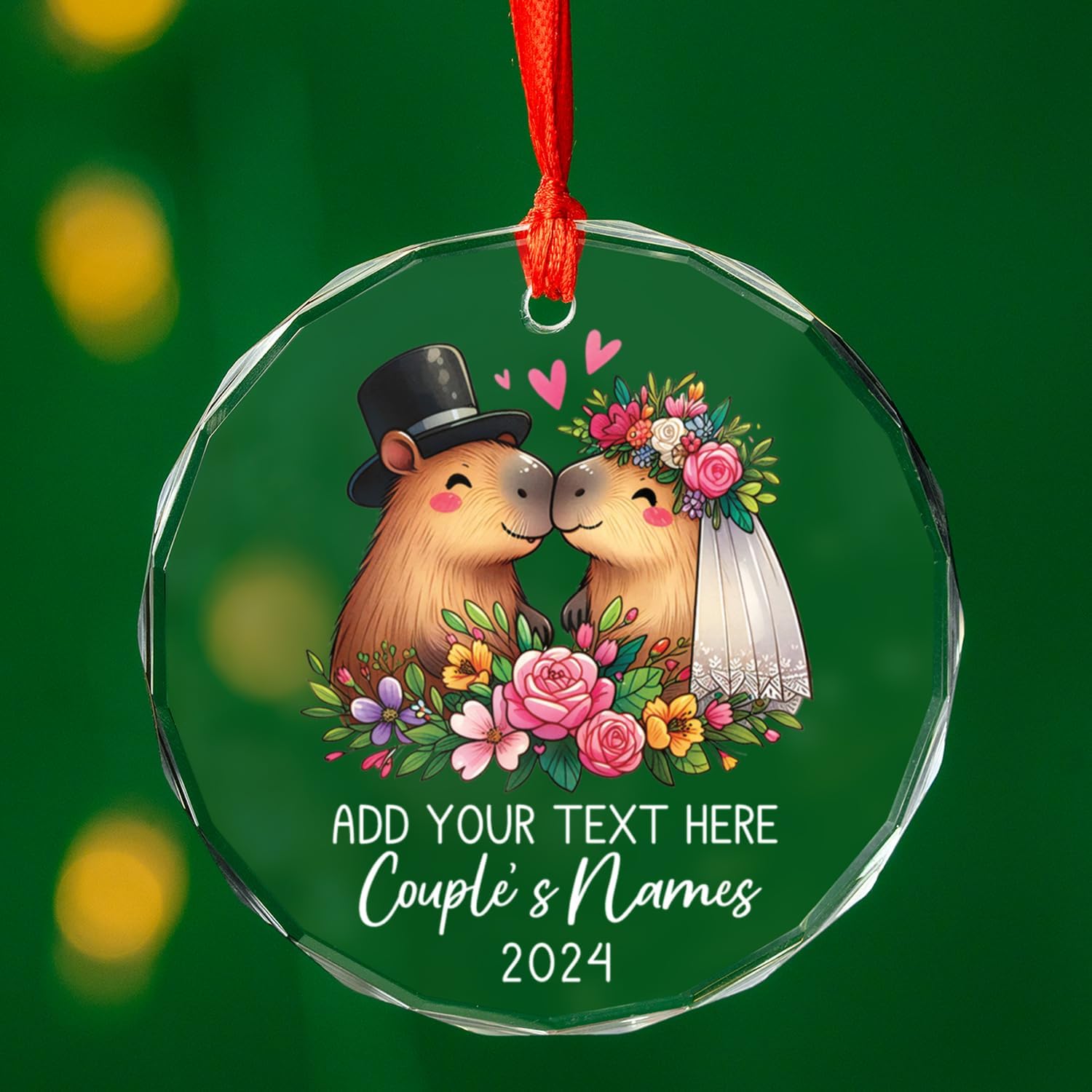 Newlywed Couple Christmas Tree Ornament, Custom Capybara Couple Ornament with Names/Text/Year, Gifts for Bride Groom On Wedding Day, Personalized Mr & Mrs Capybara Christmas Glass Ornament