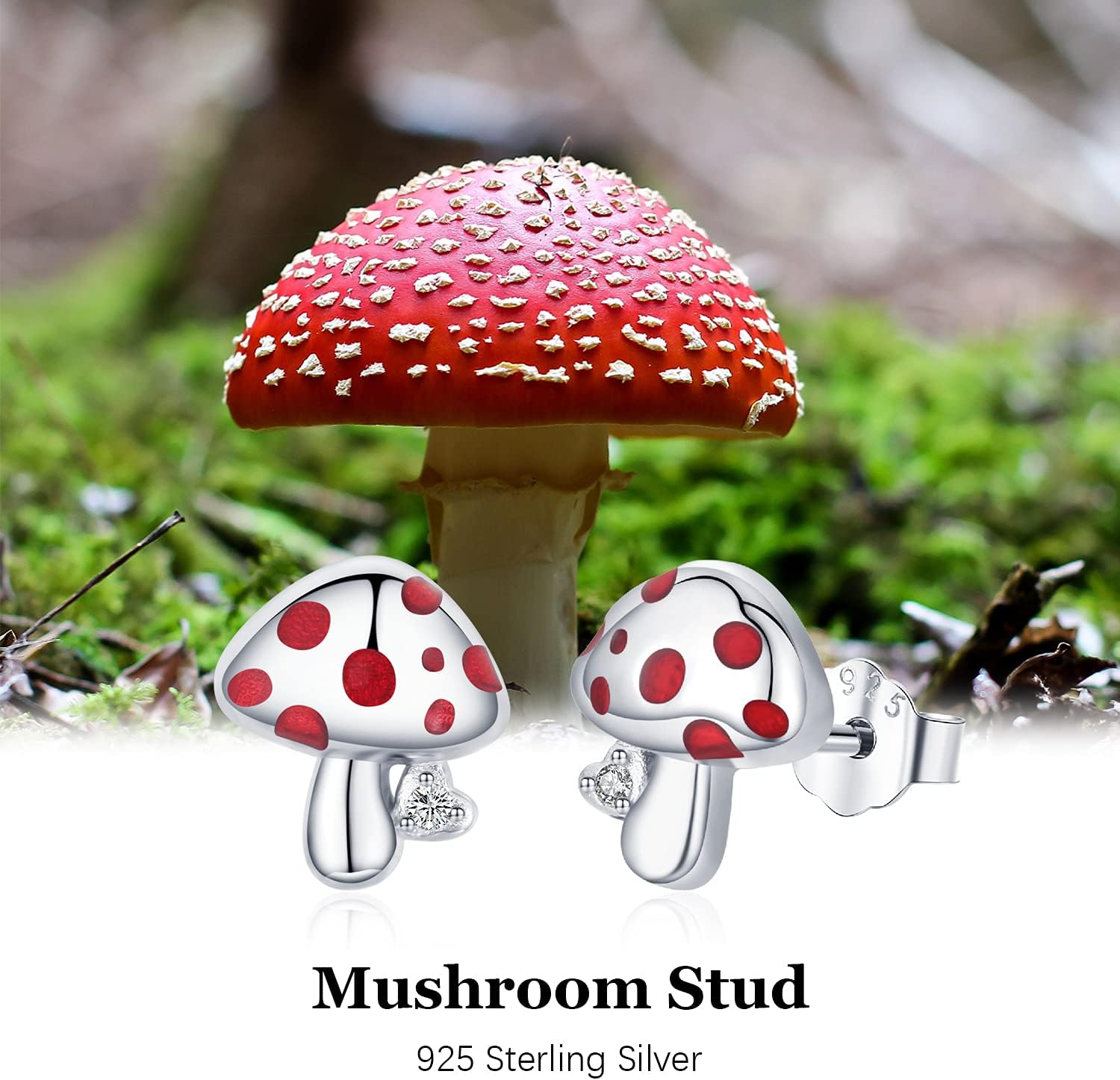 JUSTKIDSTOY Mushroom Stud Earrings 925 Sterling Silver Cubic Zirconia Gift for Women Hypoallergenic Earrings for Sensitive Ears