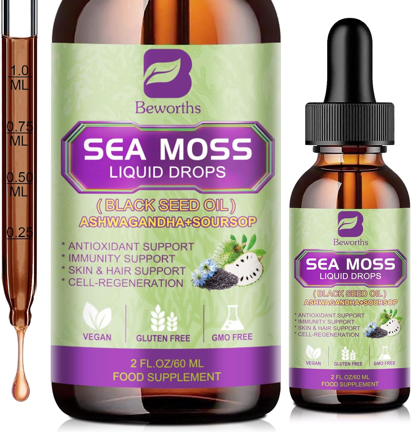 Sea Moss Liquid Drop - Black Seed Oil & Irish Sea Moss Gel with Ashwagandha, Soursop Bitters, Burdock Root, Bladderwrack, Elderberry, 6X Stronger Seamoss Supplment for Immune, Gut Health, Hair Support