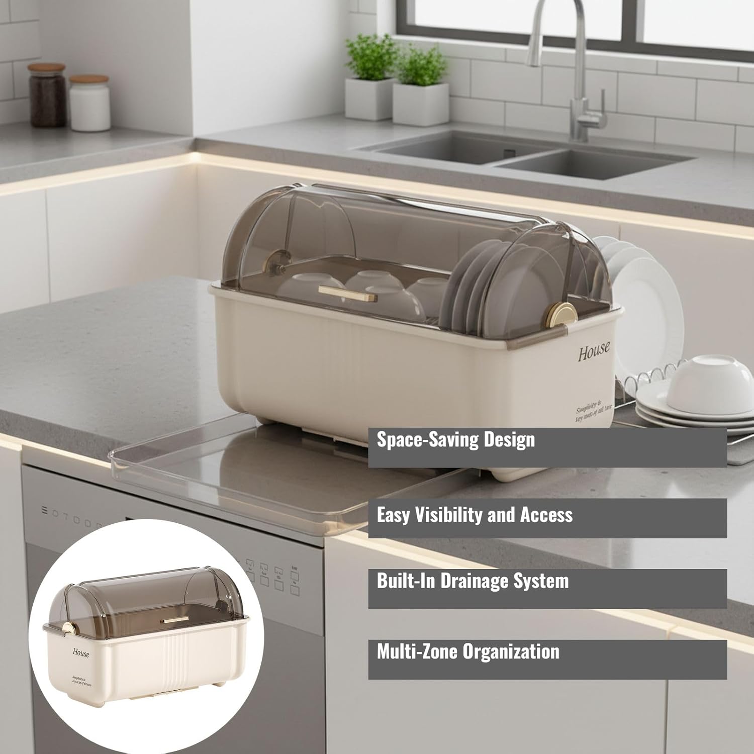 with and Drainage Tray for Kitchen Organization, Space-Saving Plate with Chopstick Holder and Drying Zones