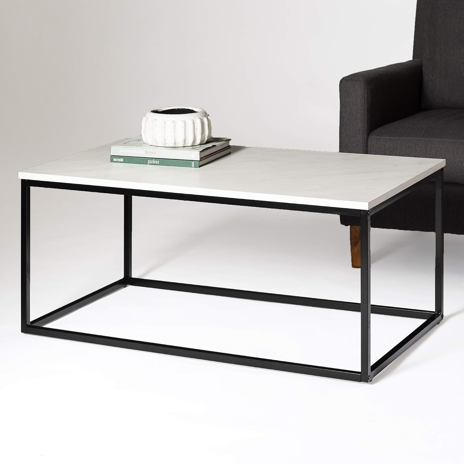 Walker Edison Modern Marble and Metal Frame Open Rectangle Coffee Accent Table Living Room Ottoman End Table, 42 Inch, Marble : Everything Else