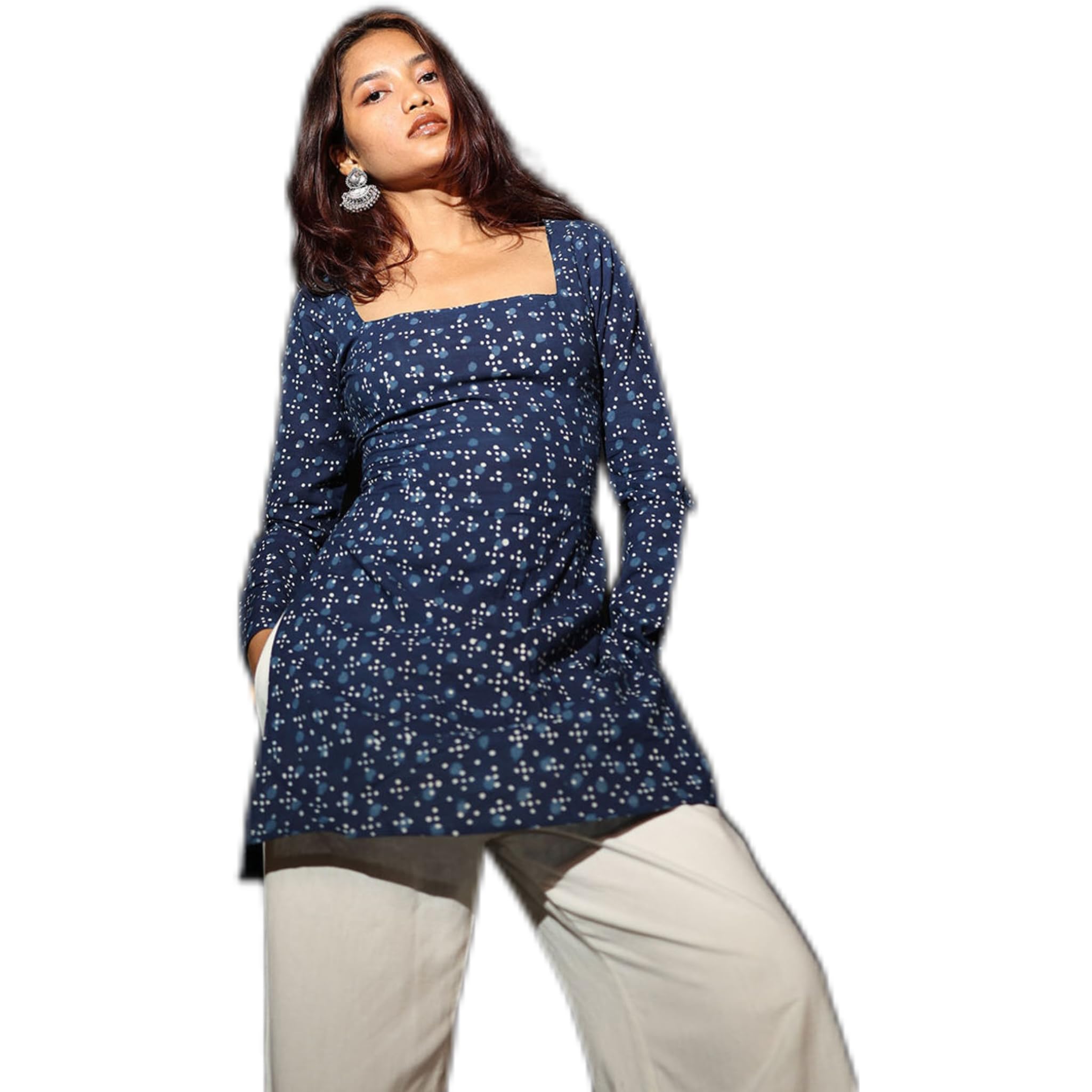 Rayon Navy Blue Top for Women, Long Sleeve Square Neck