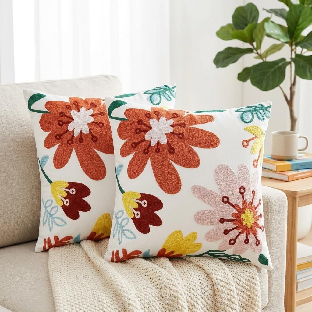 Fundas Cojín 45x45 cm Lote de 2 Bordado Floral Abstracto en Naranja Fundas Decorativas Boho-Chic para Sofá y Salón