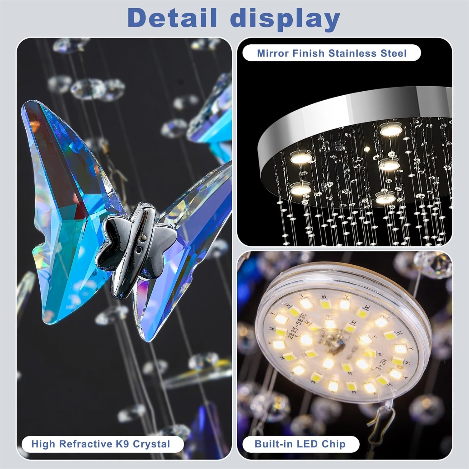 Modern Crystal Chandelier, 24 inch Flush Mount Crystal Ceiling Light with Remote and APP Control, 3CCT Dimmable, Elegant Butterfly LED Chandeliers for Bedroom Dining Room Living Room Foyer Entryway