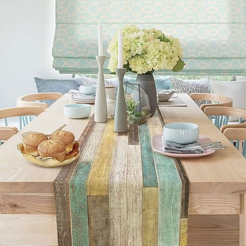 Miniatura 6 de Camino de mesa de arpillera de lino de 13 x 72 pulgadas, camino de mesa rústico de madera de granero marrón verde azulado, decoración de mesa de