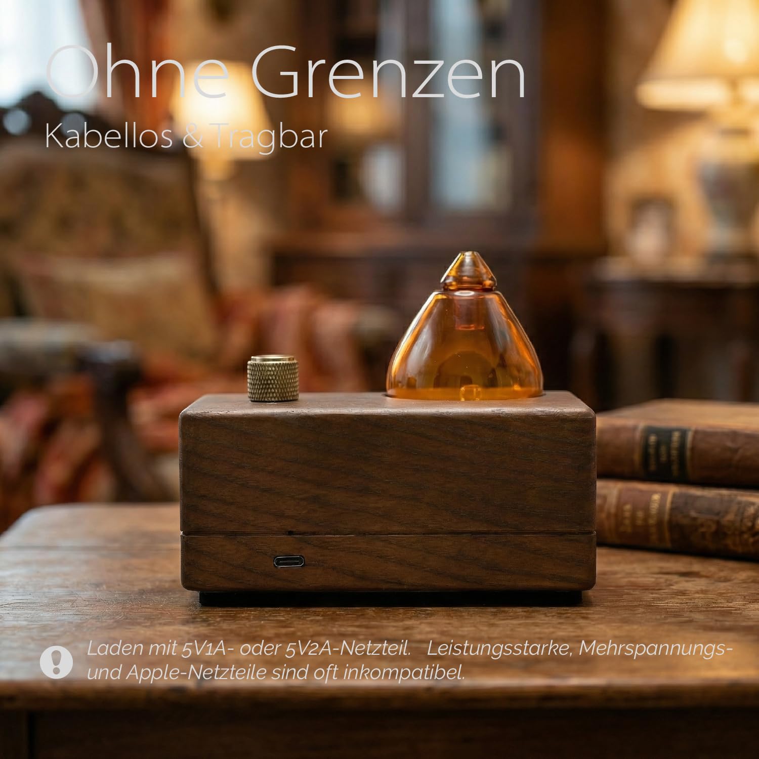 Amber Glas-Diffusor mit Naturholz-Sockel für Aromatherapie, Tragbarer Wasserloser Aroma Diffusor für Zuhause & Reise, Kabelloser Wiederaufladbarer Duftvernebler mit Timer & 4 Modi, Geschenkfertig