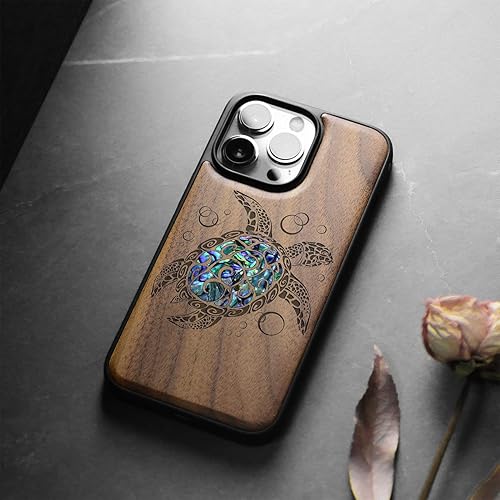 Miniatura 4 de Carveit Funda protectora de madera de diseñador para iPhone 13 Pro Max, cubierta magnética, grabado de madera e incrustaciones de concha, funda de