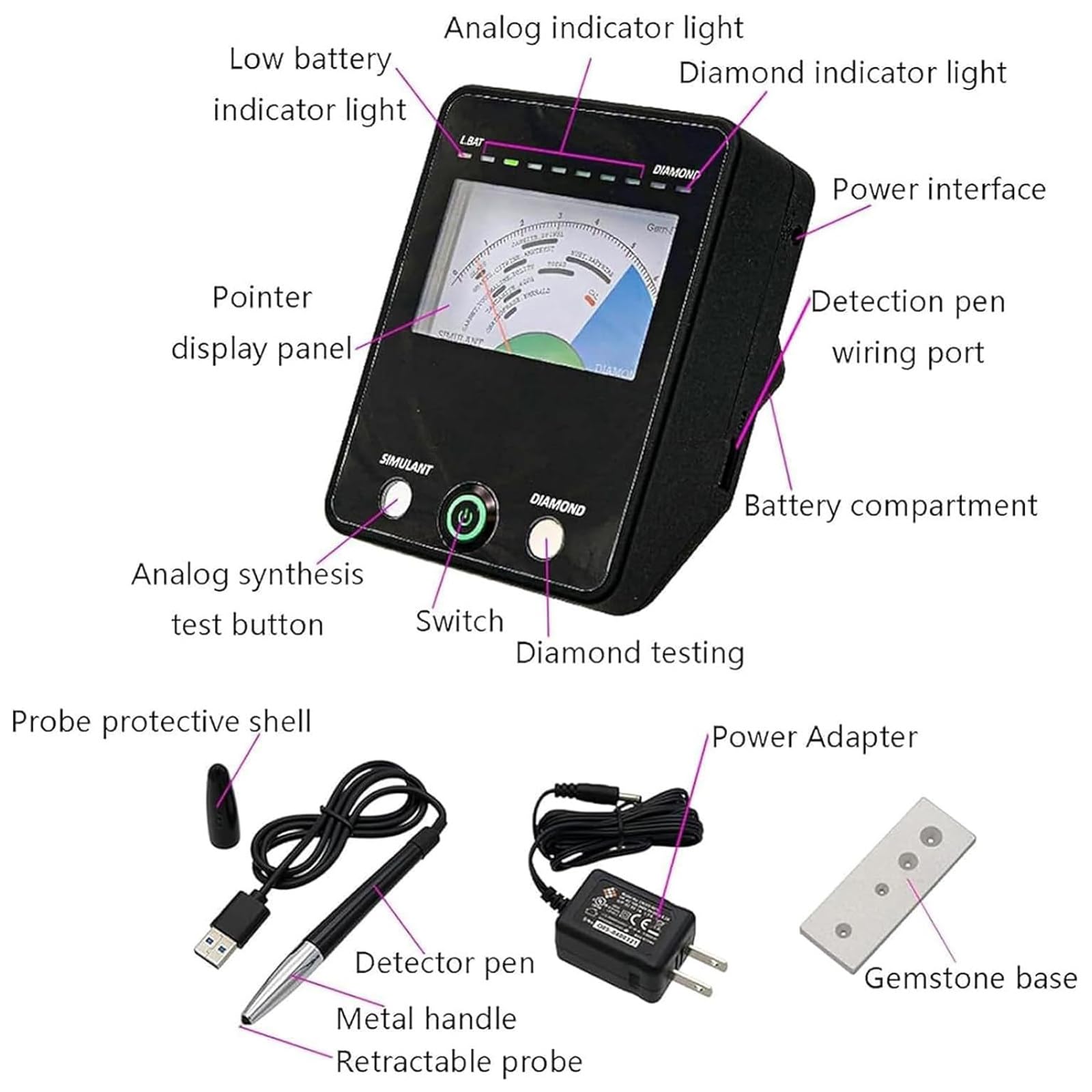 Tester Moissanite, Zestaw Narzędzi Do Testowania Biżuterii LED, Wysoka Dokładność Ze Wskaźnikiem, Automatyczna Kalibracja, Tester Kamieni Szlachetnych Z Odczytem I Dokładnością